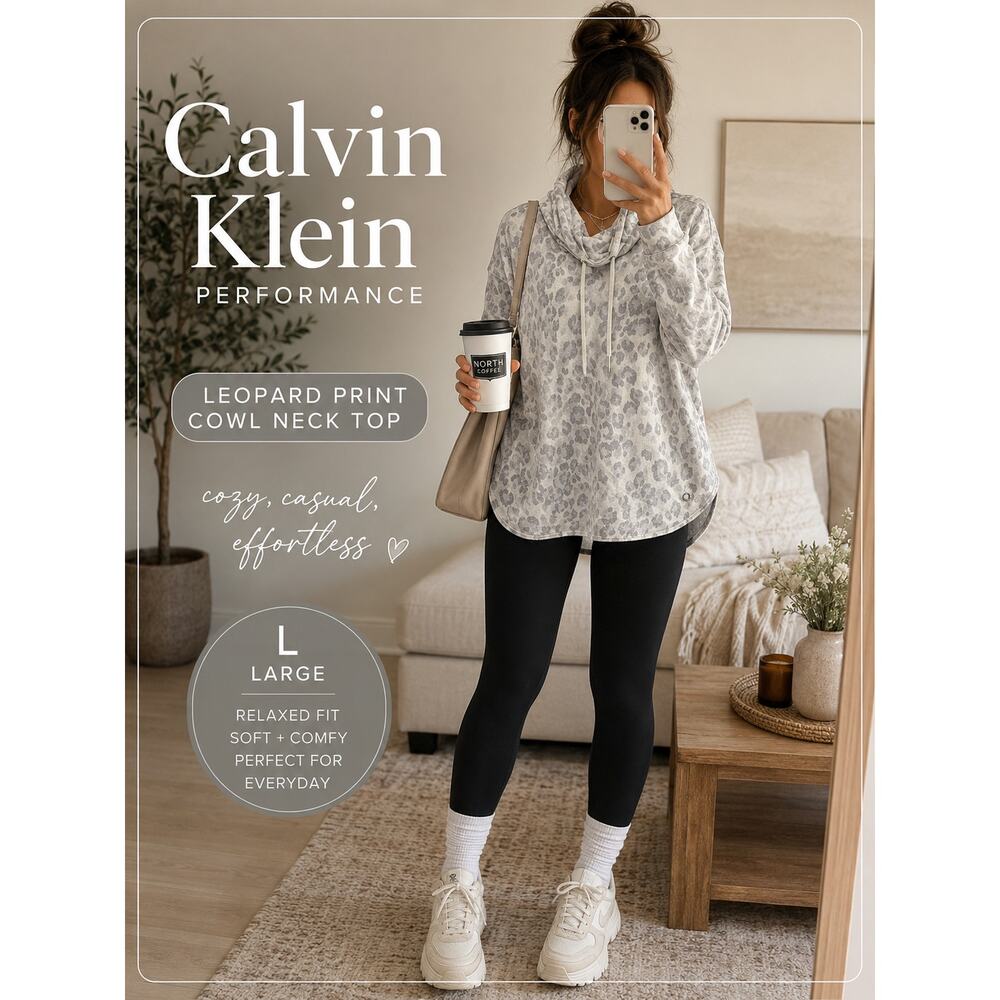 Calvin Klein Performance Gray Leopard Print Cowl Neck Pullover Top Size S